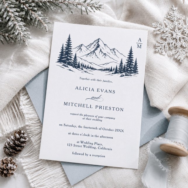 Rustic Mountain Winter Initials Wedding Letterpress Invitation (Rustic Mountain Winter Initials Wedding Letterpress Invitation)