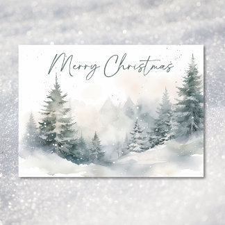 Rustic Mountain Winter Scene Watercolor Christmas Holiday Card