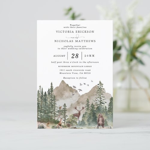 Rustic Mountain Woodland Budget QR Code Wedding Invitation