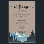 Rustic Mountain Woodland Forest Wedding Program<br><div class="desc">Beautiful MOUNTAIN WEDDING program paper sheet design featuring a watercolor mountain with trees silhouette and a big "welcome" in an elegant script as well as the wedding program details on a rustic kraft-textured background for you to personalize.</div>