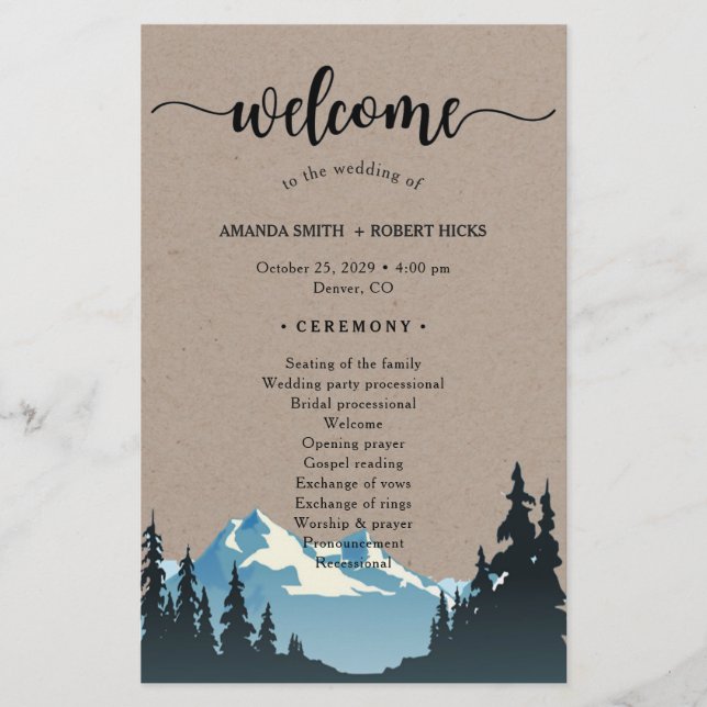Rustic Mountain Woodland Forest Wedding Program (Front)