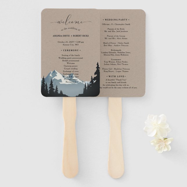 Rustic Mountain Woodland Forest Wedding Program Hand Fan (Front and Back)