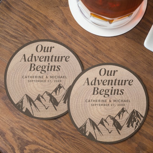 Rustic Mountain Woods Forest Adventure Wedding  Round Paper Coaster (Creator Uploaded)