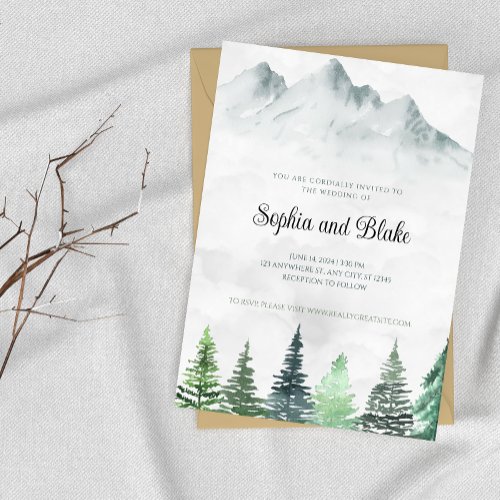 Rustic Mountains and Forest Watercolor Wedding Invitation