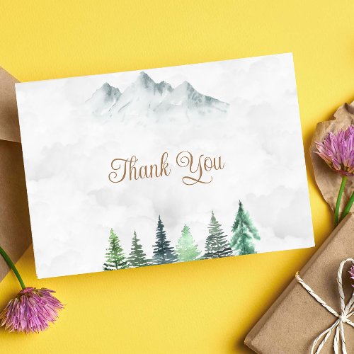 Rustic Mountains and Forest Watercolor Wedding Thank You Card