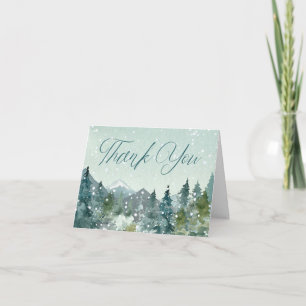 Rustic mountains and snow fall watercolor thank you card