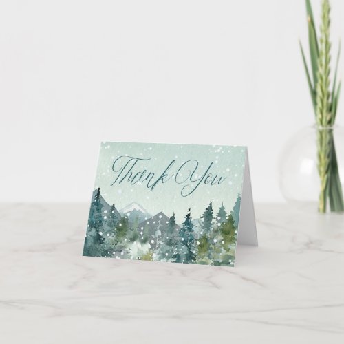 Rustic mountains and snow fall watercolor thank you card