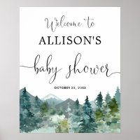 Rustic mountains forest baby shower welcome sign