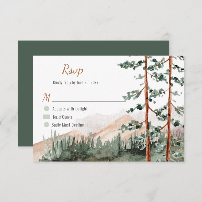 Rustic Mountains Forest Pine Spruce Trees Wedding RSVP Card (Front/Back)