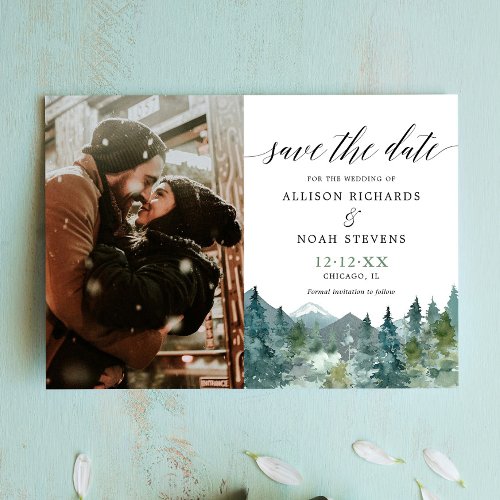 Rustic mountains forest Save the Date photo Invitation