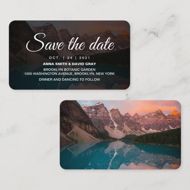 Rustic Mountains Forest Script Save The Date Card (Front/Back)