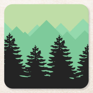 Rustic Mountains & Forest Tree Silhouette Square Paper Coaster