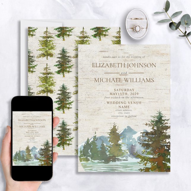 Rustic Mountains Forest Watercolor Birch Wedding Invitation (Creator Uploaded)