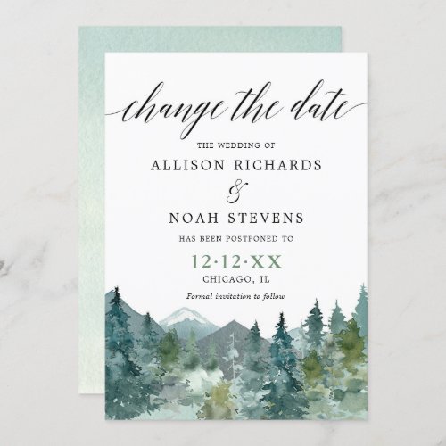 Rustic mountains forest watercolor Change the Date Invitation