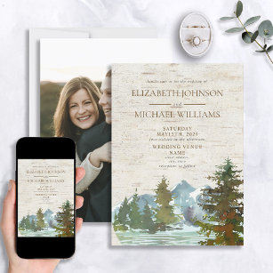 Rustic Mountains Forest Watercolor Photo Wedding Invitation