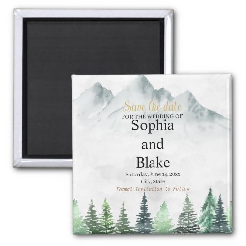 Rustic Mountains  Forest Watercolor Save the Date Magnet