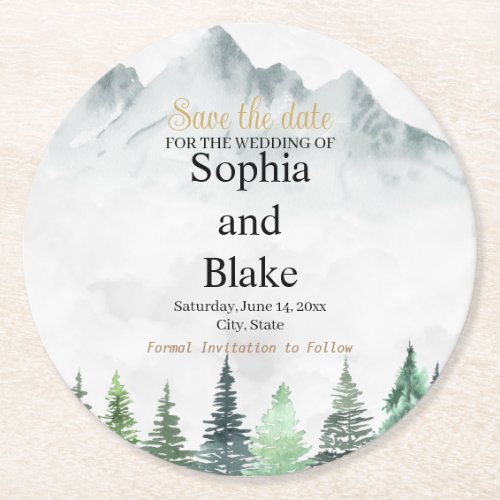 Rustic Mountains  Forest Watercolor Save the Date Round Paper Coaster