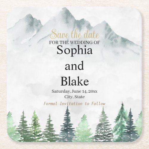 Rustic Mountains  Forest Watercolor Save the Date Square Paper Coaster
