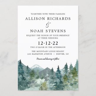 Rustic mountains forest watercolor wedding invitation