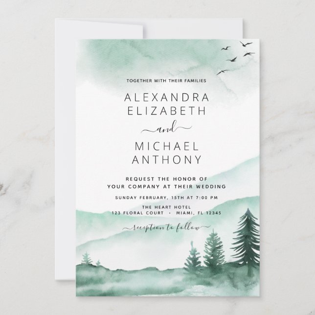 Rustic Mountains Forest Watercolor Wedding Invitation (Front)
