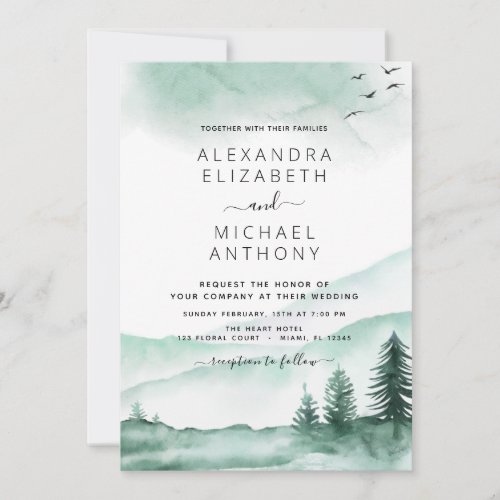 Rustic Mountains Forest Watercolor Wedding Invitation