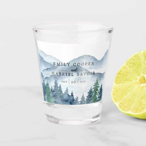 Rustic Mountains Forest Watercolor Wedding Memento Shot Glass