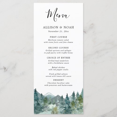 Rustic mountains forest watercolor wedding menu