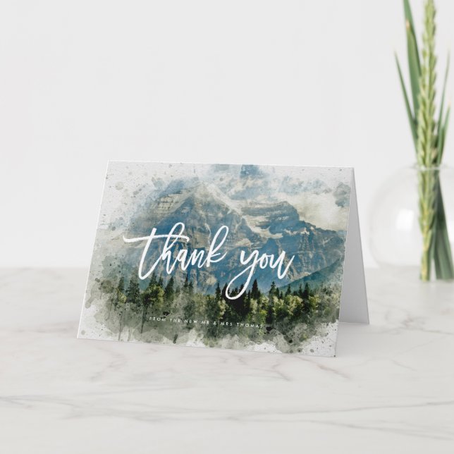 rustic mountains forest wedding thank you card (Front)