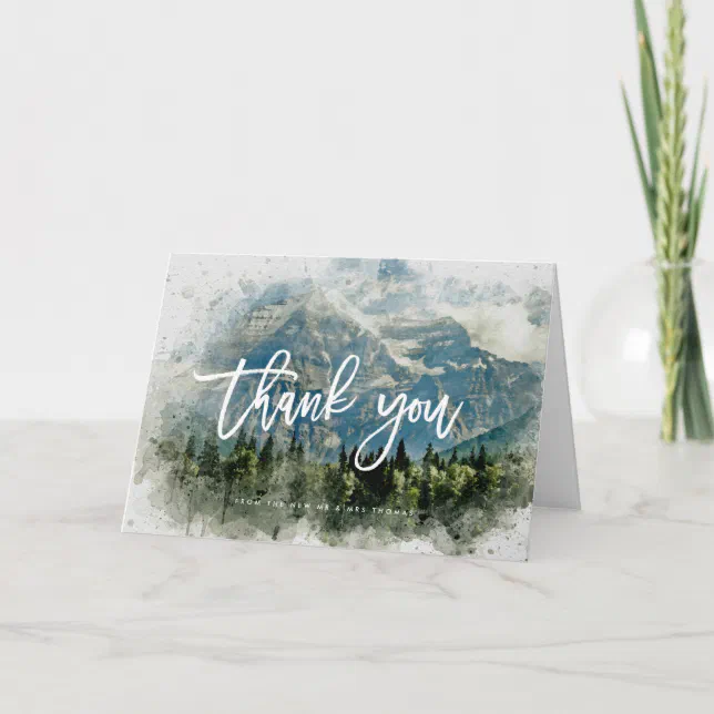 rustic mountains forest wedding thank you card | Zazzle