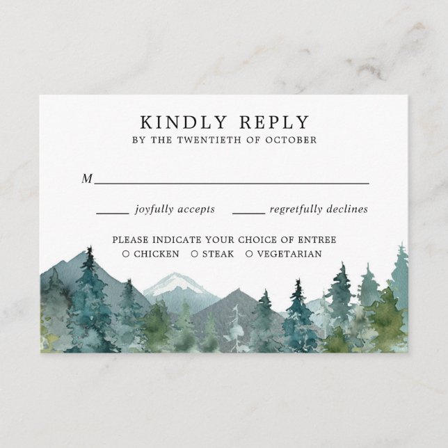 Rustic mountains forest woods wedding RSVP Enclosure Card (Front)