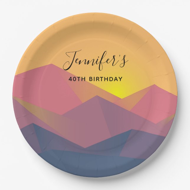 Rustic Mountains Geometric Minimalist Birthday Paper Plates (Front)