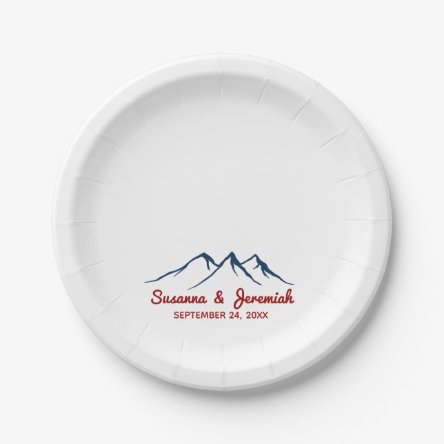 Rustic Mountains in Blue and Red Wedding Reception Paper Plates (Front)