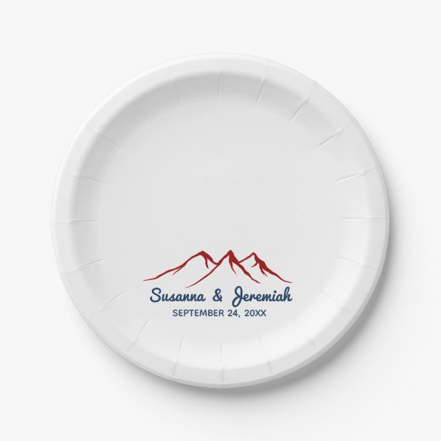 Rustic Mountains in Red and Blue Wedding Reception Paper Plates (Front)