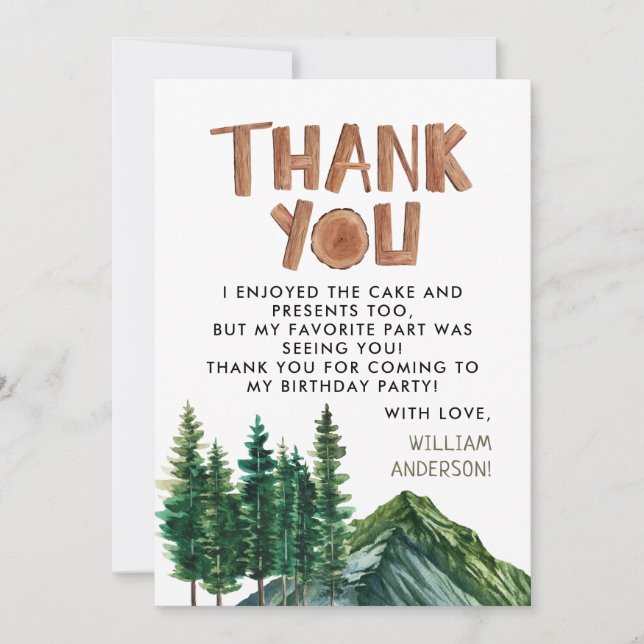 Rustic Mountains Kids Birthday Thank You Card (Front)