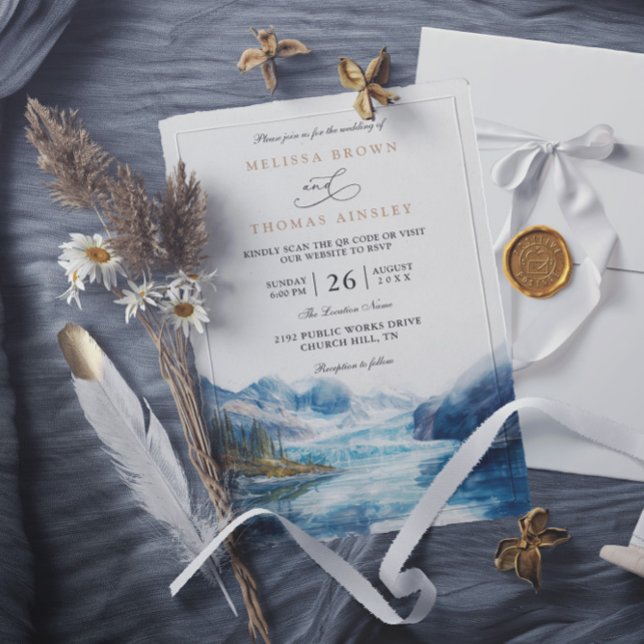 Rustic Mountains Lake Montana QR Code Wedding Invitation (Creator Uploaded)