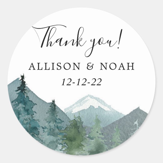 Rustic mountains outdoor theme forest woods favor classic round sticker (Front)