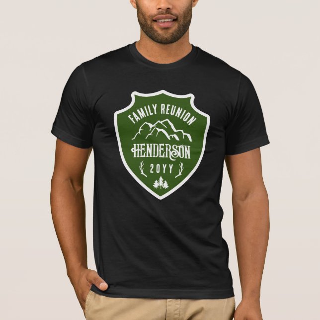 Rustic Mountains Pine Green Shield Family Reunion T-Shirt (Front)