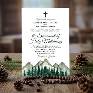 Rustic Mountains & Pine Modern Catholic Wedding Invitation