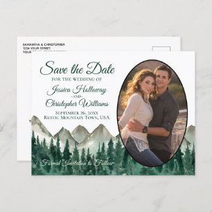 Rustic Mountains & Pine Oval Photo Save The Date Announcement Postcard