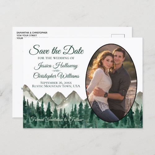 Rustic Mountains  Pine Oval Photo Save The Date Announcement Postcard