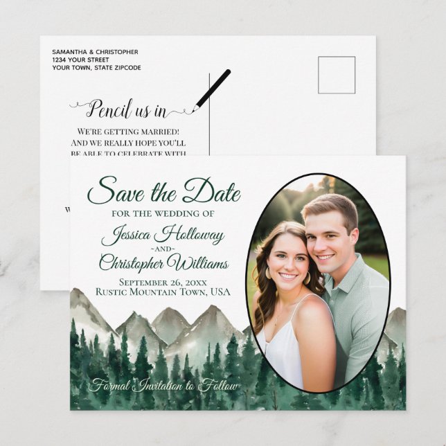 Rustic Mountains & Pine Oval Photo Save The Date Announcement Postcard (Front/Back)