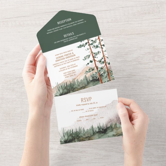 Rustic Mountains Pine Trees Fog Wedding  All In One Invitation (Tearaway)
