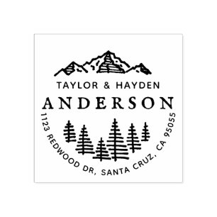 Rustic Mountains & Pines Sketch Couple's Address Rubber Stamp