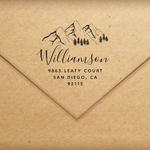 Rustic Mountains & Script Name Return Address Rubber Stamp
