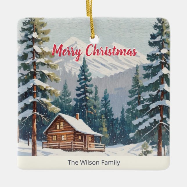 Rustic Mountains Snow Country Cabin Christmas Ceramic Ornament (Front)
