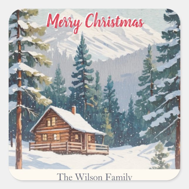 Rustic Mountains Snow Country Cabin Christmas Square Sticker (Front)