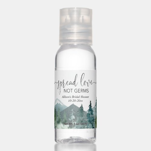Rustic mountains spread love not germs bridal hand sanitizer