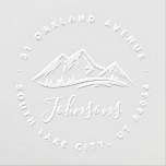 Rustic Mountains Stylish Round Return Address Embosser<br><div class="desc">Create Your Own Rustic Round Mountains Return Address Embosser! This modern and elegant design is perfect for those who live in mountain areas or love the mountains! This design features a full address in the outside circular frame and in the inside circle there is an image of MOUNTAIN picks and...</div>