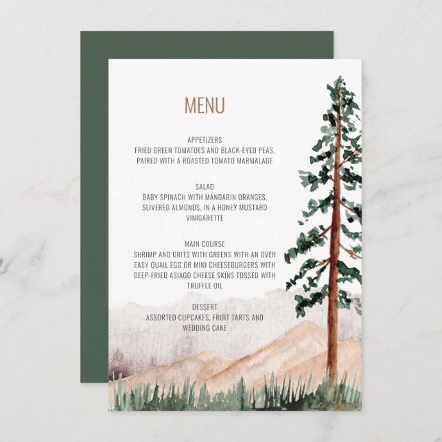 Rustic Mountains Trees Landscape Wedding Menu Invitation (Front/Back)