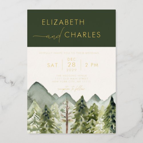 Rustic Mountains Trees Modern Elegant Wedding Foil Invitation